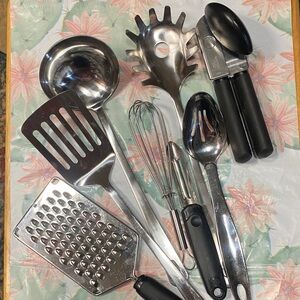 Elegant Silver and Black Kitchen Utensil Set Whisk Spatula Grater Can Opener